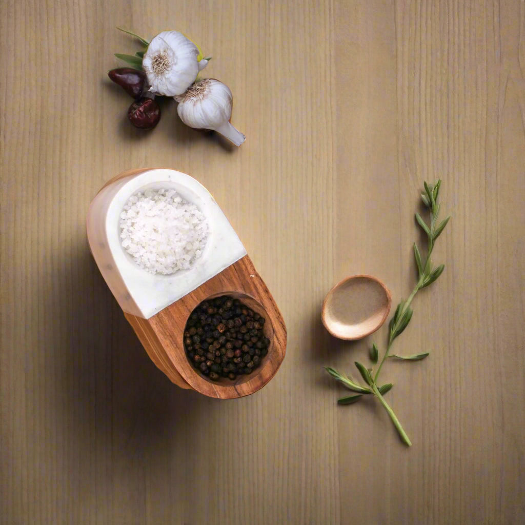 The Pantry Pair Marble & Acacia Wood Salt and Pepper Cellar