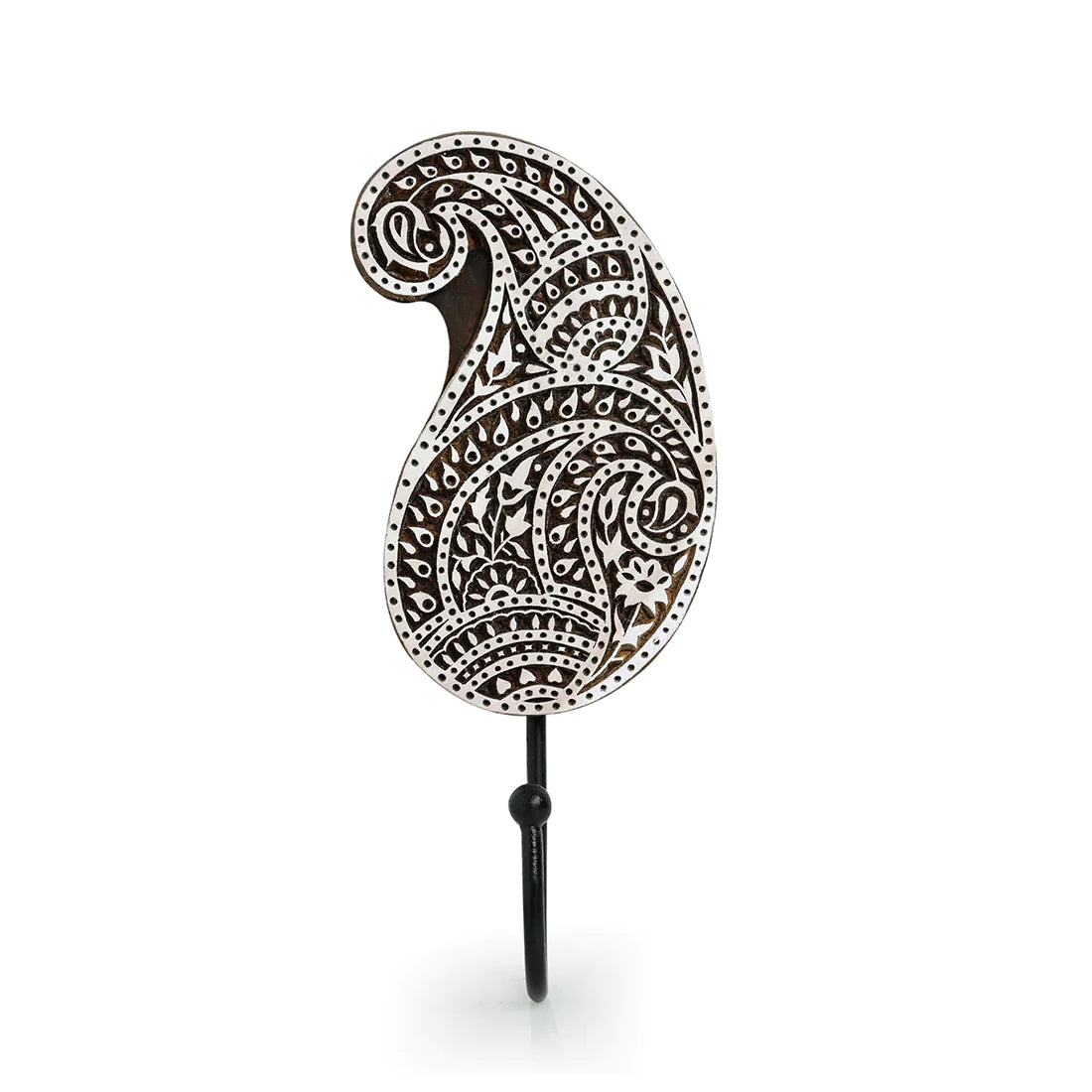 Pleasant Paisley Hand-Carved Block Wall Hook & Towel Holder In Sheesham Wood