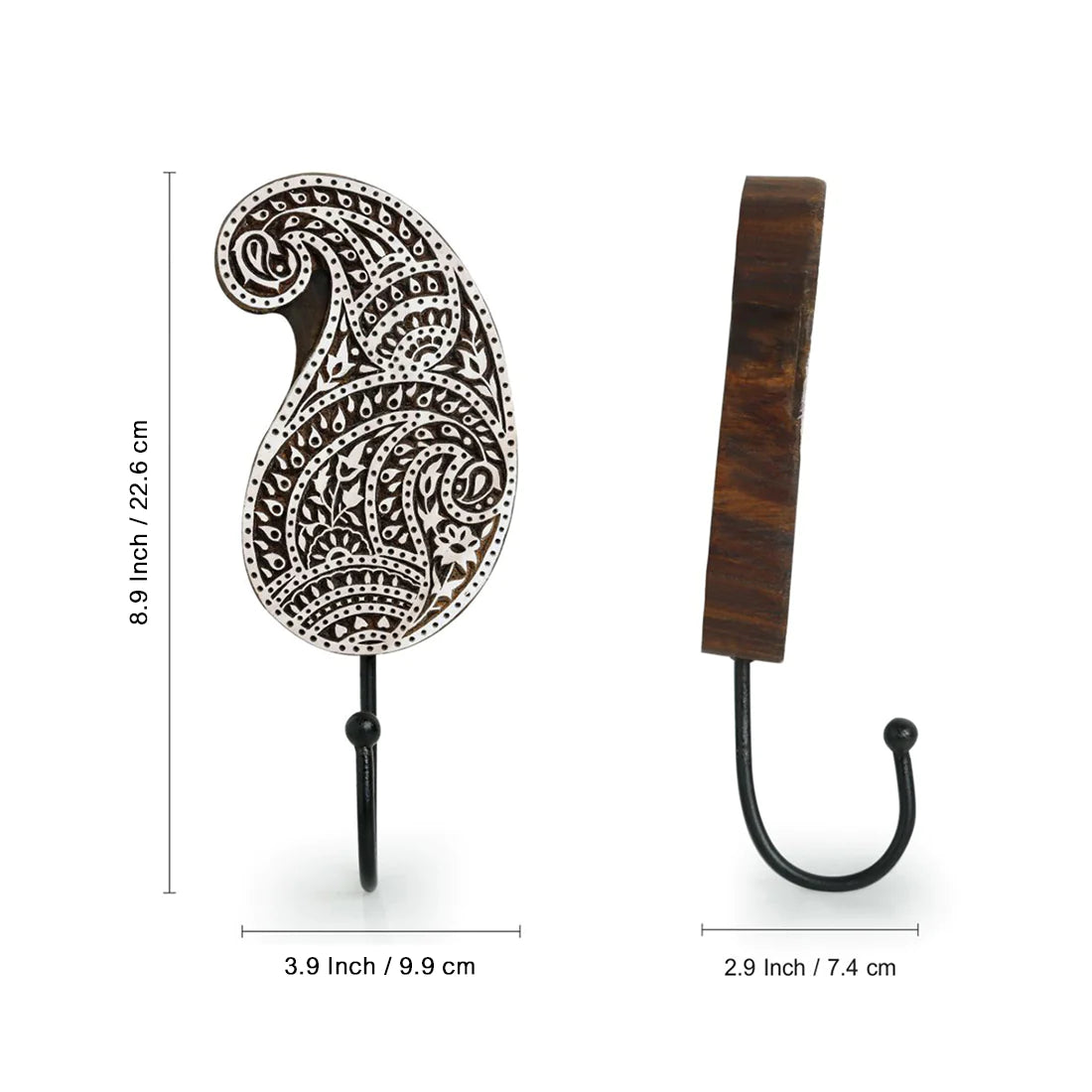 Pleasant Paisley Hand-Carved Block Wall Hook & Towel Holder In Sheesham Wood