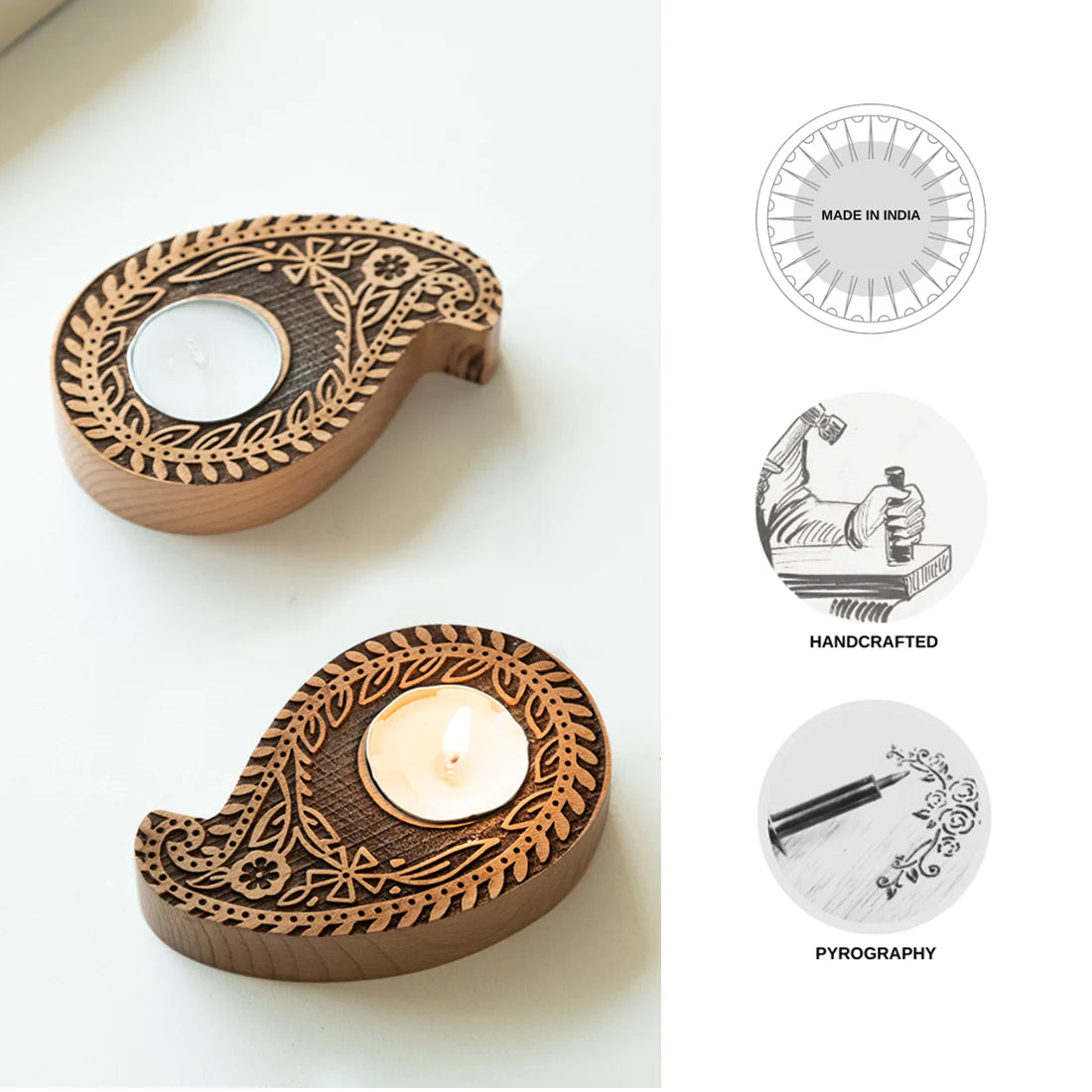 Jugnu Paisley Booti Wooden Tea Light Holder (Set of 2)
