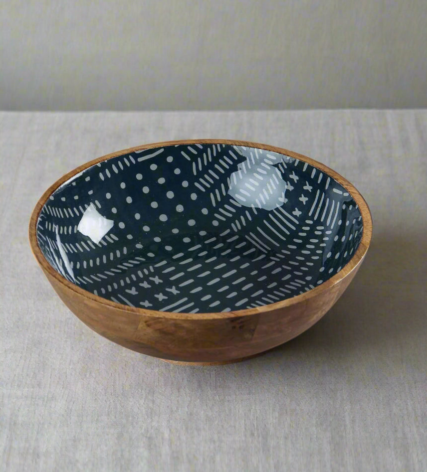 Coastal Blue Enameled Mango Wood Bowl
