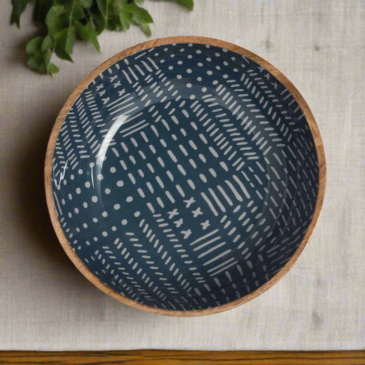 Coastal Blue Enameled Mango Wood Bowl