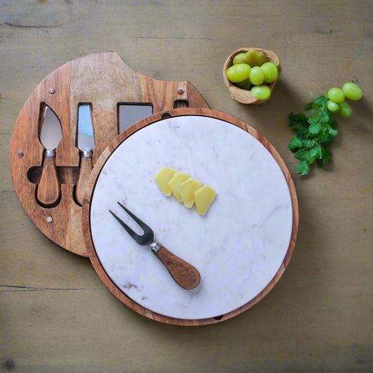 Hearthstone Marble & Acacia Cheese Board with Set of 4 Knives