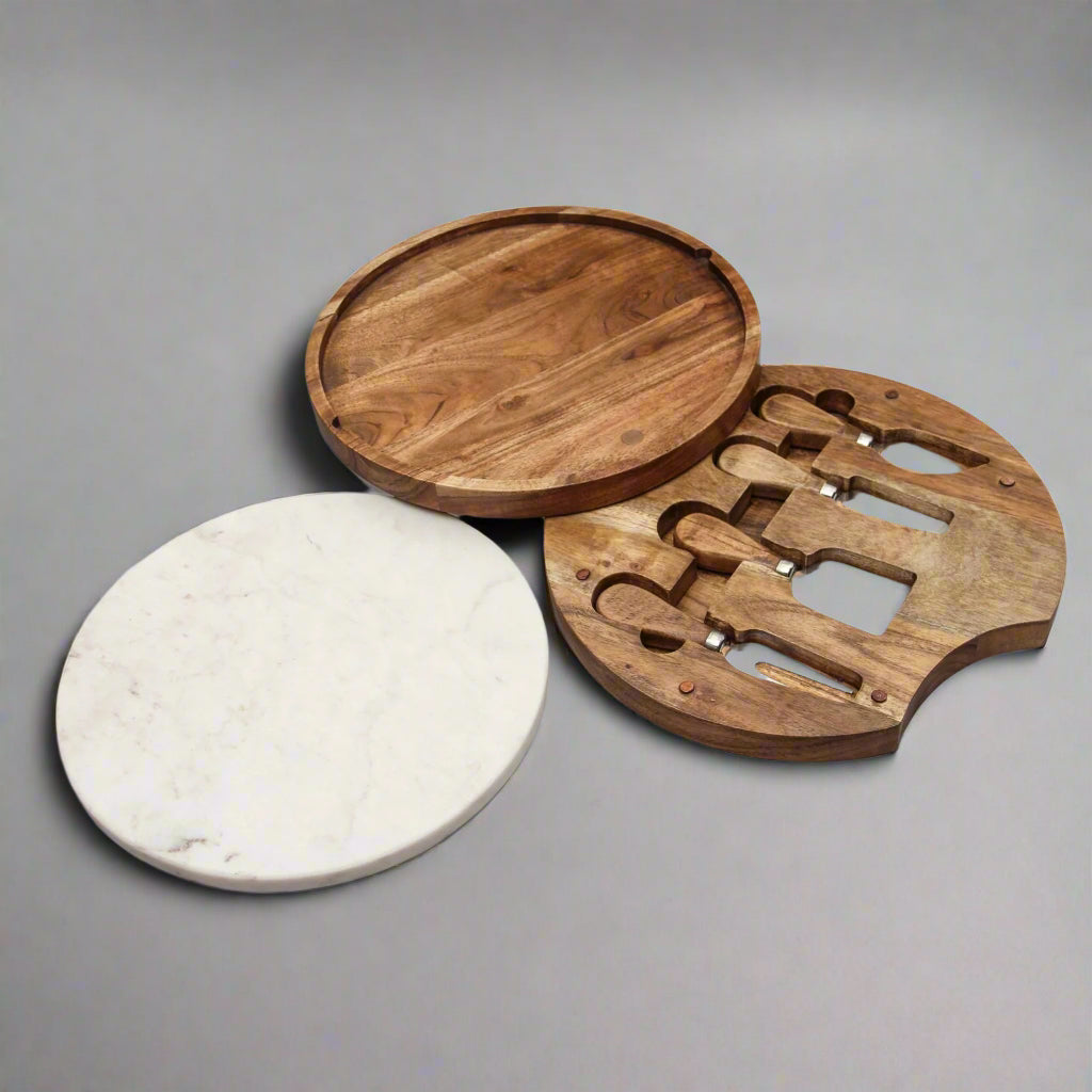 Hearthstone Marble & Acacia Cheese Board with Set of 4 Knives