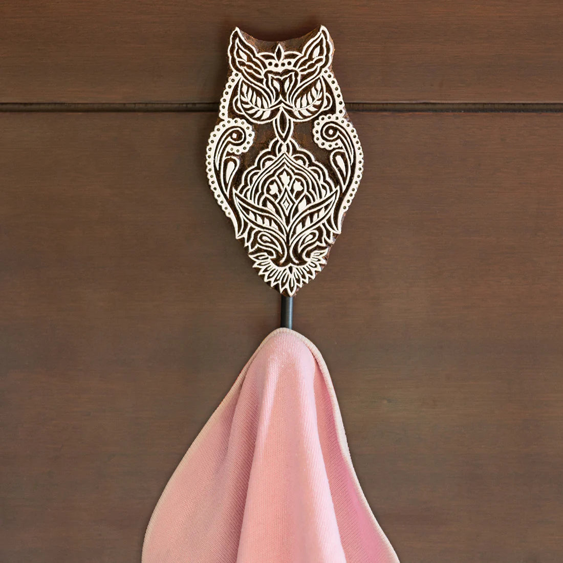 Alluring Owl Hand-Carved Block Wall Hook & Towel Holder In Sheesham Wood