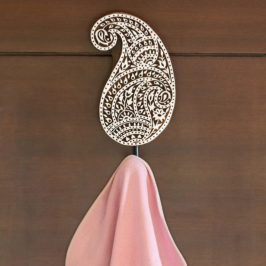 Pleasant Paisley Hand-Carved Block Wall Hook & Towel Holder In Sheesham Wood