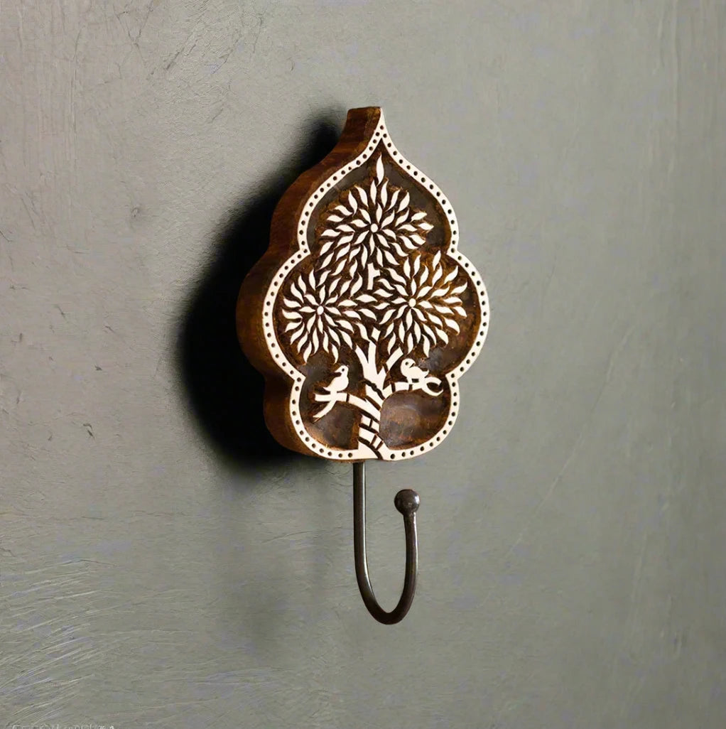 Tree of Life Hand-Carved Block Wall Hook & Towel Holder In Sheesham Wood