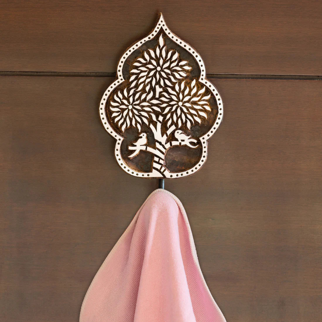 Tree of Life Hand-Carved Block Wall Hook & Towel Holder In Sheesham Wood