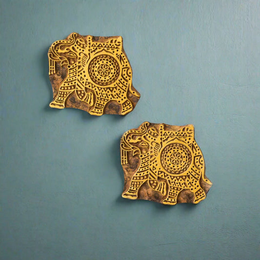Tusker Duo Hand Carved Block Wall Décor In Sheesham Wood (Set of 2)
