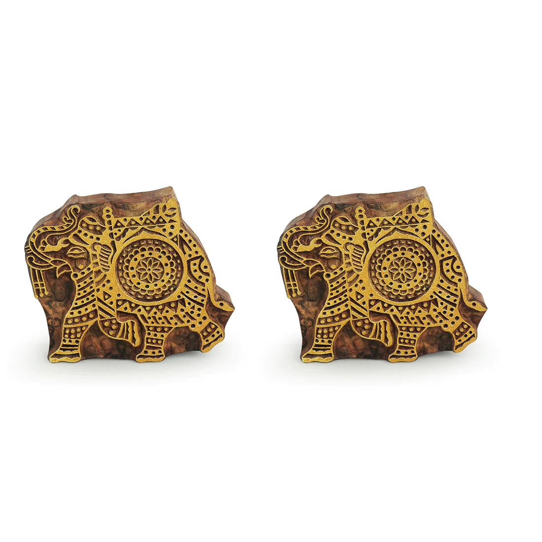 Tusker Duo Hand Carved Block Wall Décor In Sheesham Wood (Set of 2)