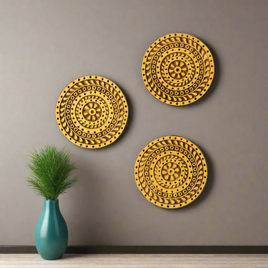 Harmony Mandala Triplets Hand Carved Block Wall Décor In Sheesham Wood (Set of 3)