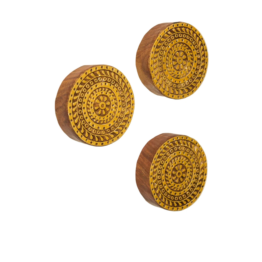 Harmony Mandala Triplets Hand Carved Block Wall Décor In Sheesham Wood (Set of 3)
