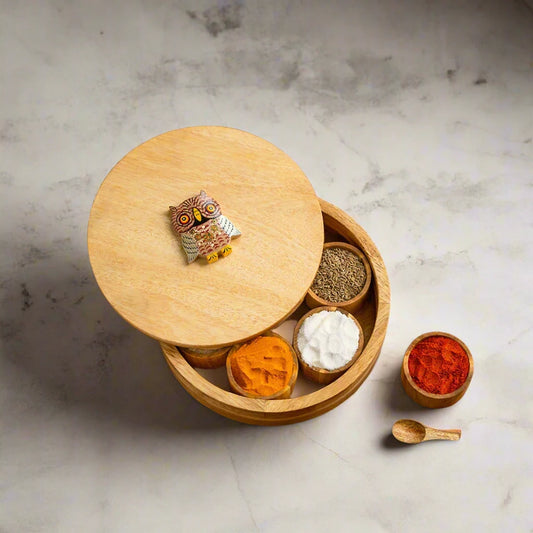 Rainbow Owl Motif Spice Box With Spoon In Mango Wood