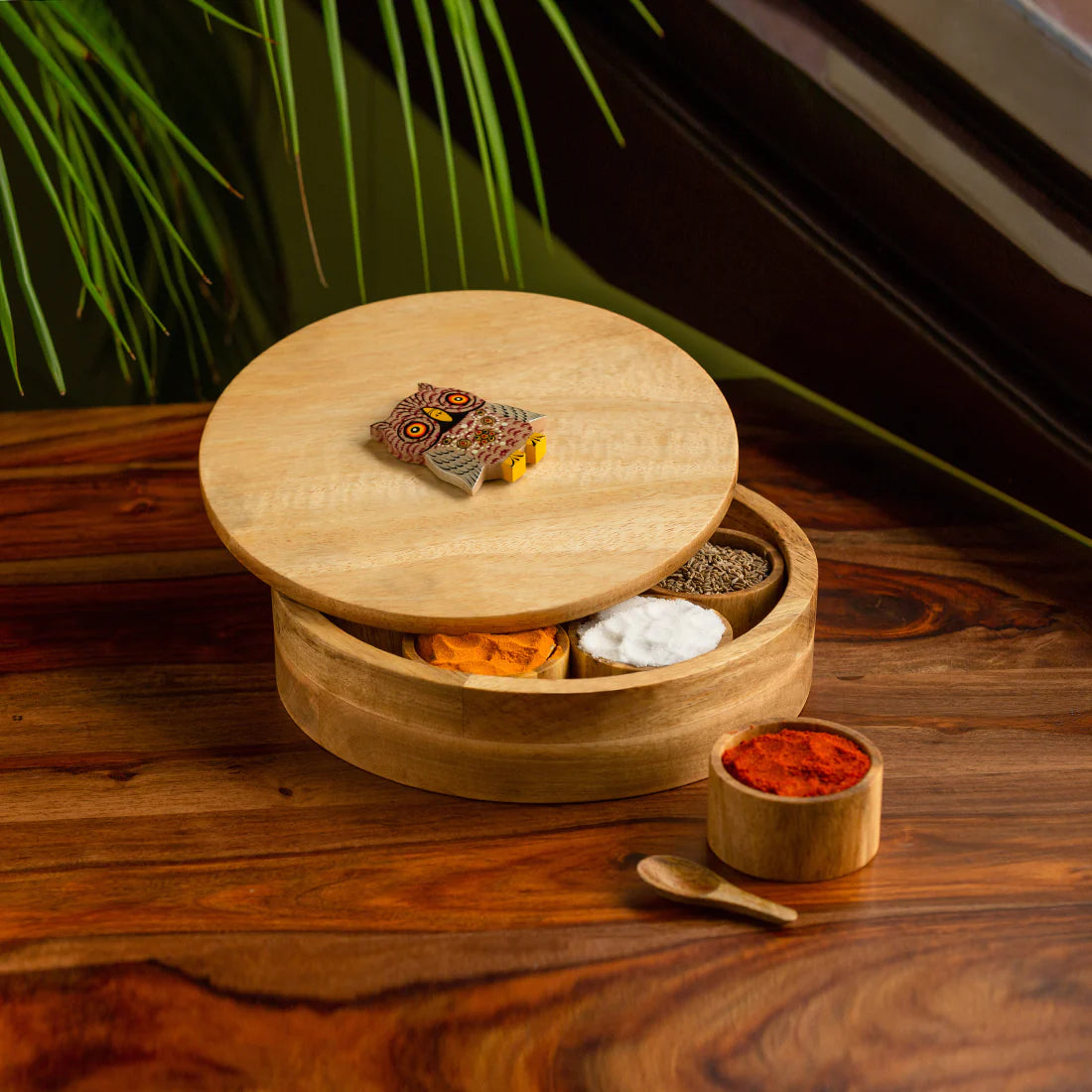 Rainbow Owl Motif Spice Box With Spoon In Mango Wood
