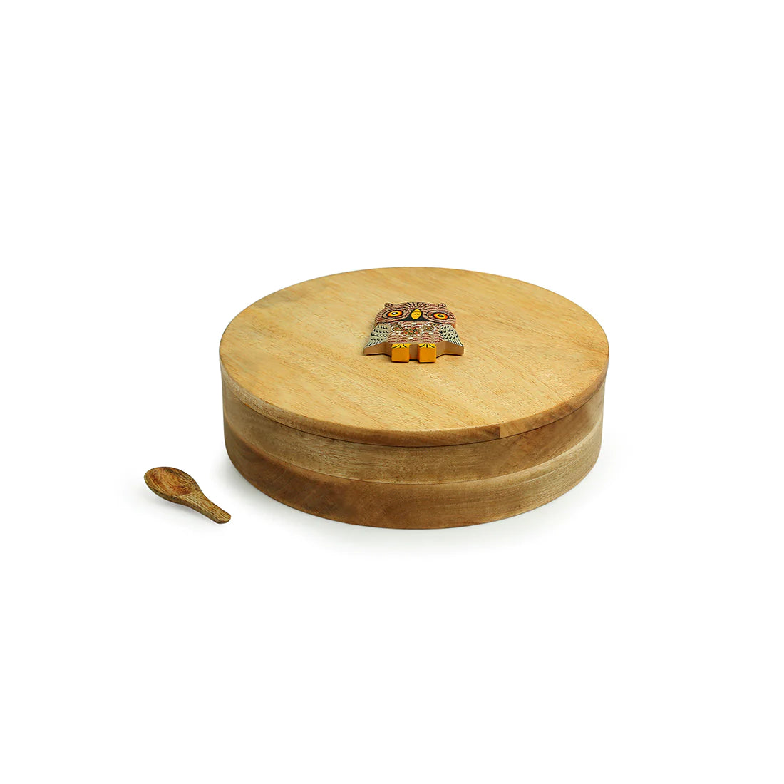 Rainbow Owl Motif Spice Box With Spoon In Mango Wood