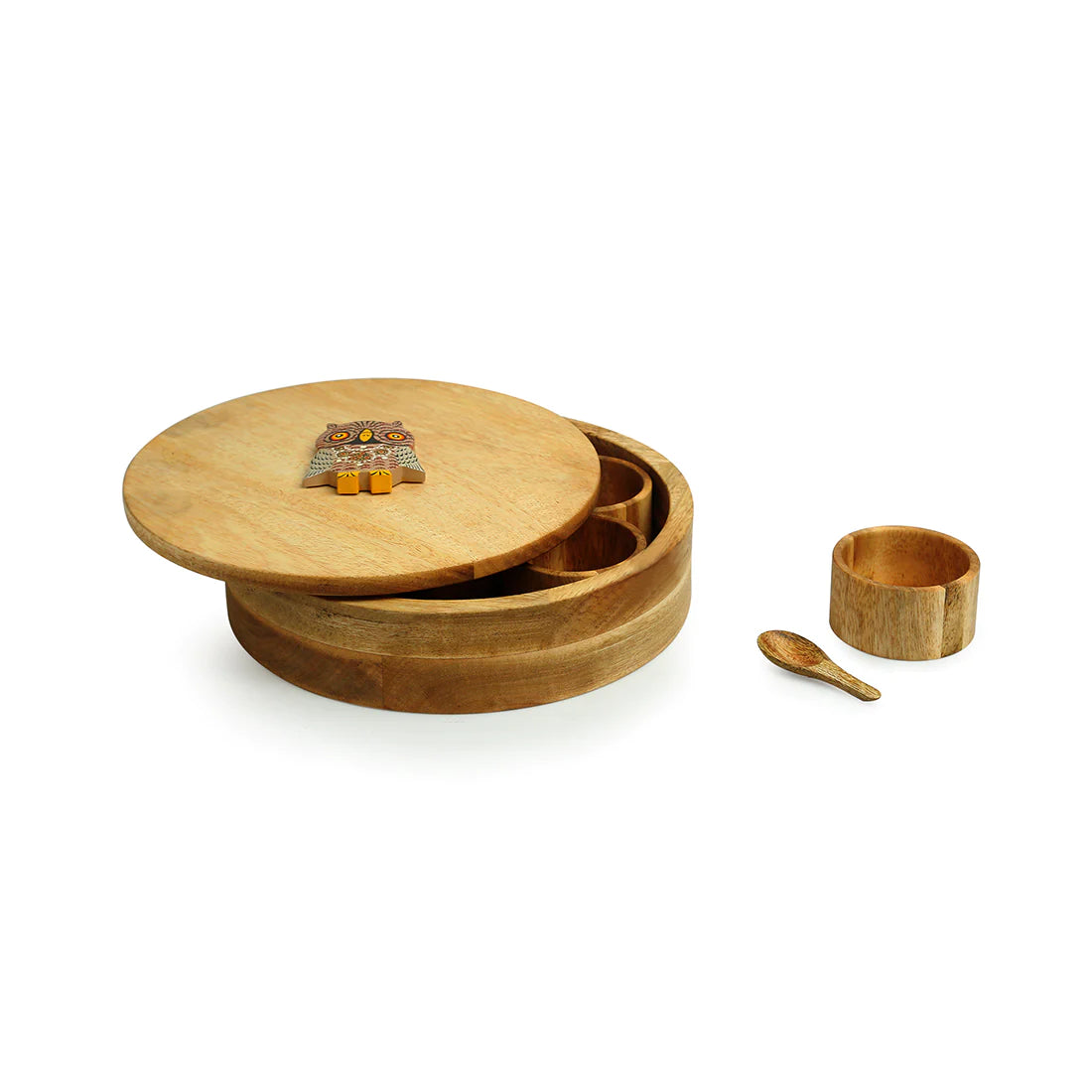 Rainbow Owl Motif Spice Box With Spoon In Mango Wood