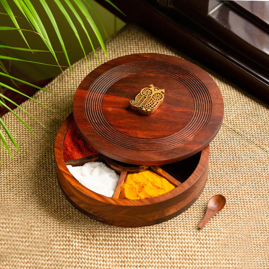 Mystic Owl Block Hand Carved Spice Box With Spoon In Sheesham Wood