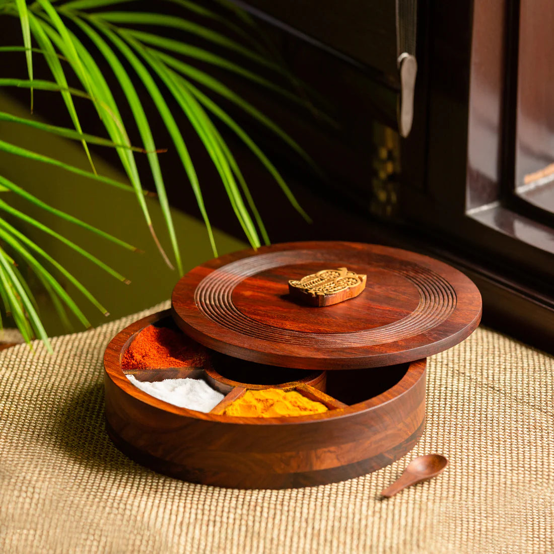 Mystic Owl Block Hand Carved Spice Box With Spoon In Sheesham Wood
