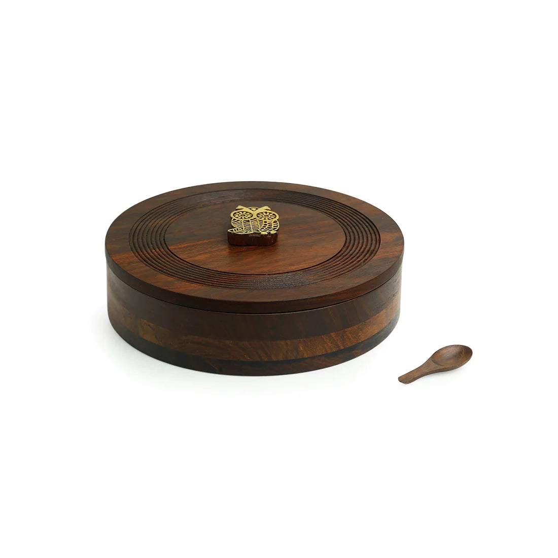 Mystic Owl Block Hand Carved Spice Box With Spoon In Sheesham Wood