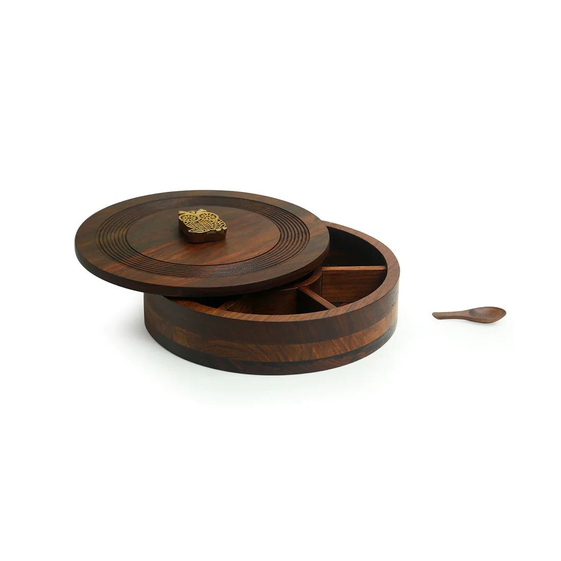 Mystic Owl Block Hand Carved Spice Box With Spoon In Sheesham Wood