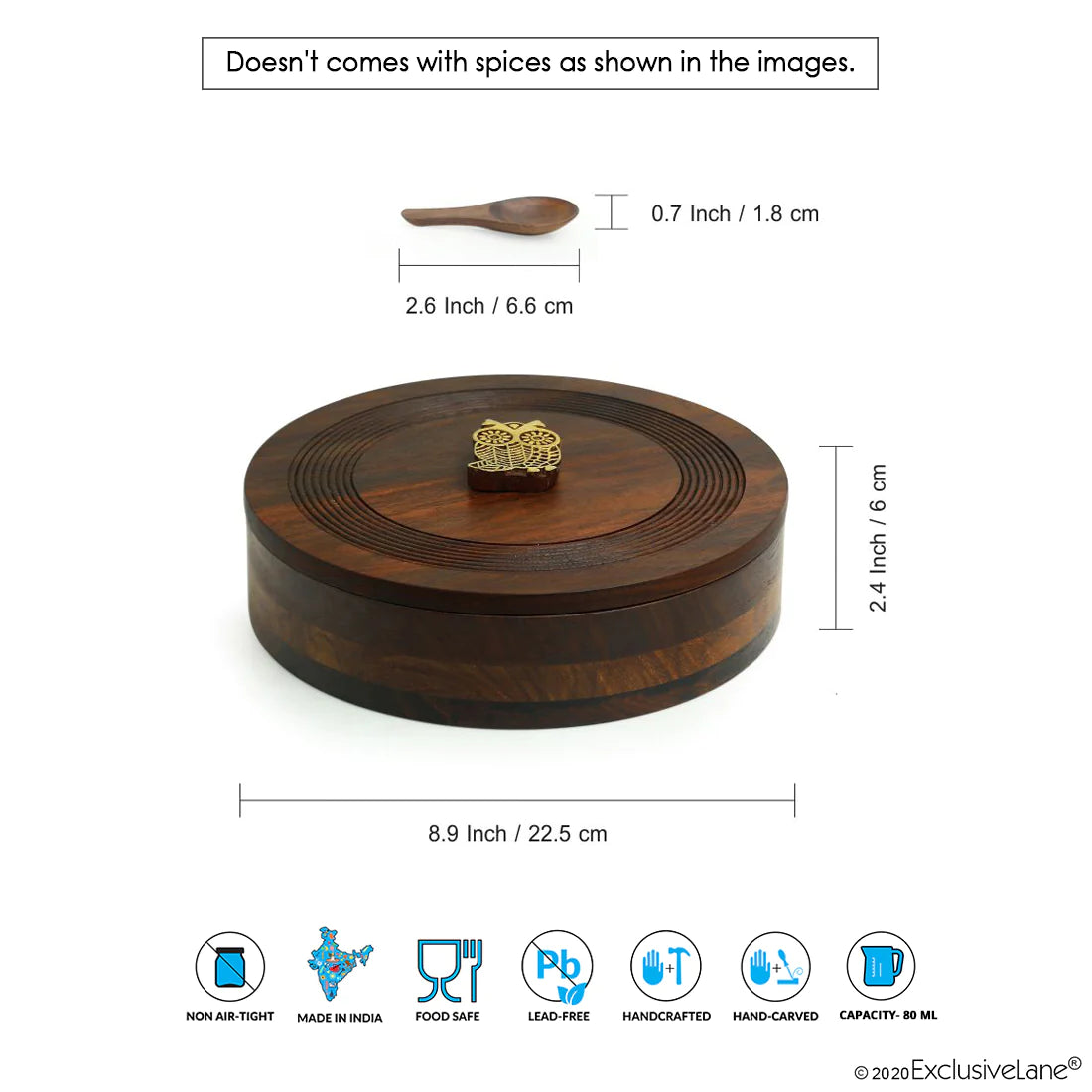 Mystic Owl Block Hand Carved Spice Box With Spoon In Sheesham Wood