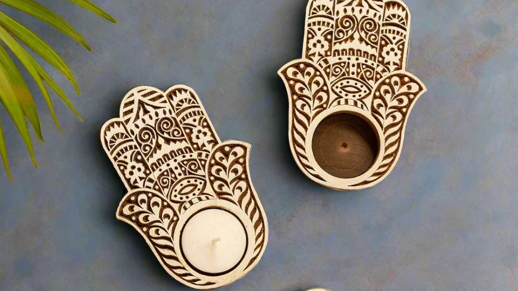 Radiant Palm Hand-Carved Blocks Tea-Light Holders In Sheesham Wood (Set of 2)