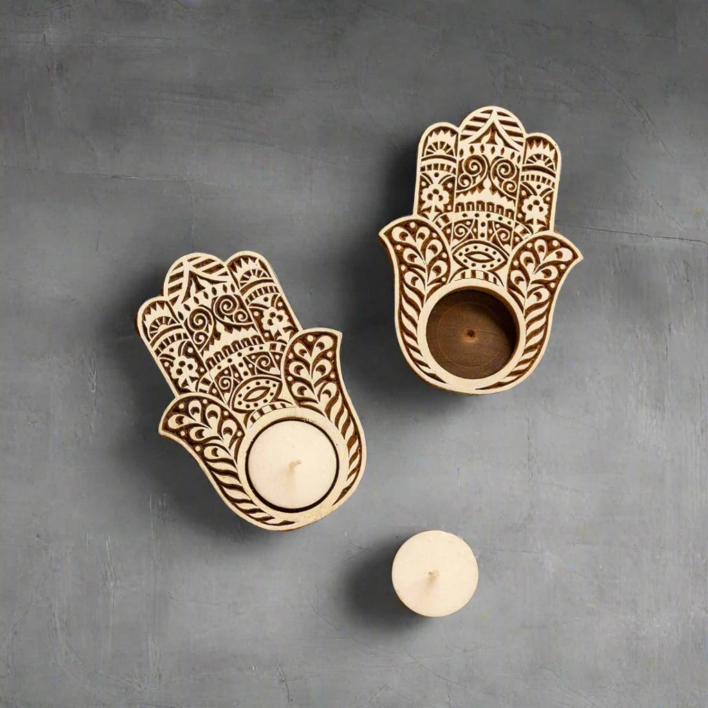 Radiant Palm Hand-Carved Blocks Tea-Light Holders In Sheesham Wood (Set of 2)