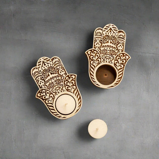 Radiant Palm Hand-Carved Blocks Tea-Light Holders In Sheesham Wood (Set of 2)
