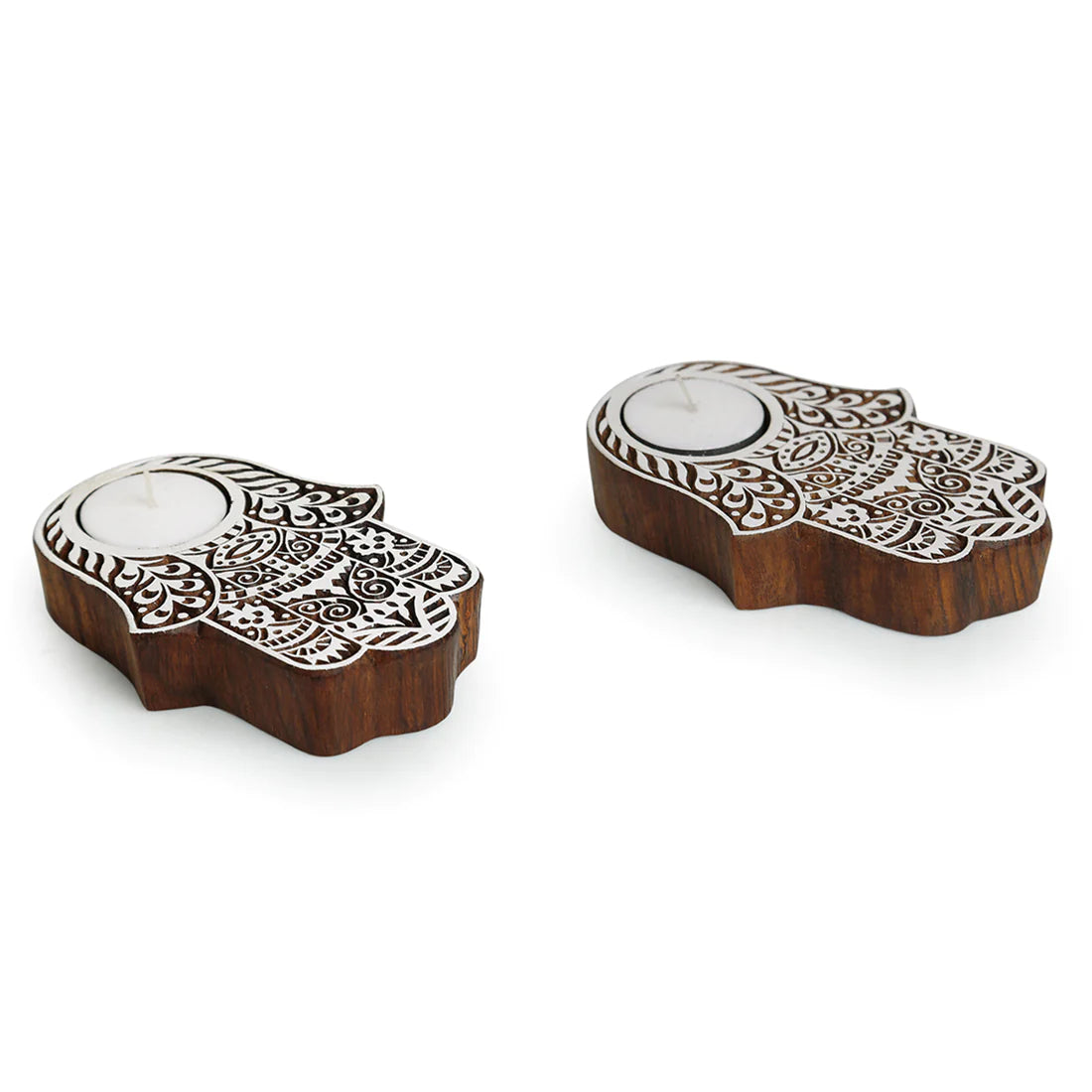 Radiant Palm Hand-Carved Blocks Tea-Light Holders In Sheesham Wood (Set of 2)