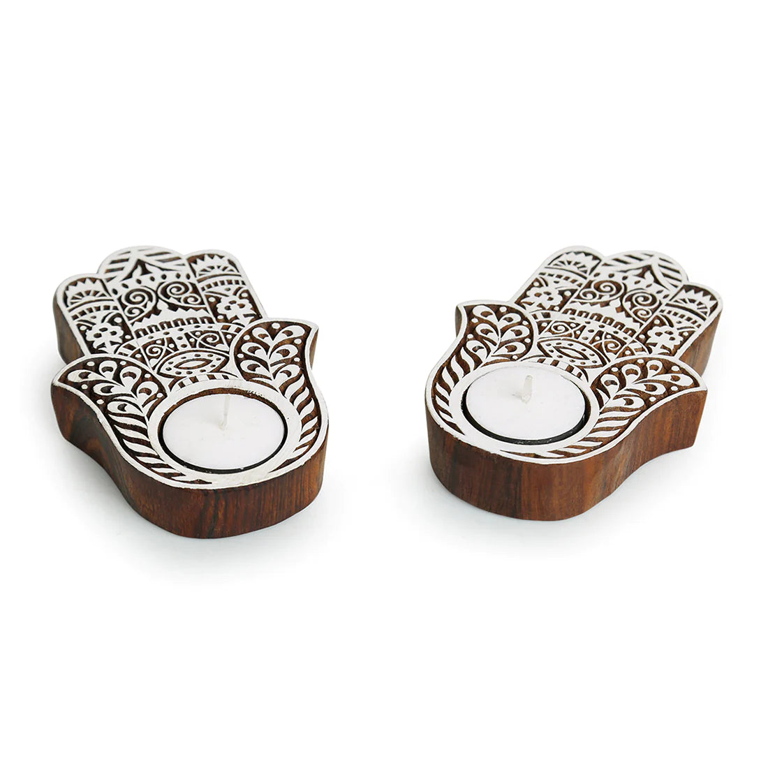 Radiant Palm Hand-Carved Blocks Tea-Light Holders In Sheesham Wood (Set of 2)