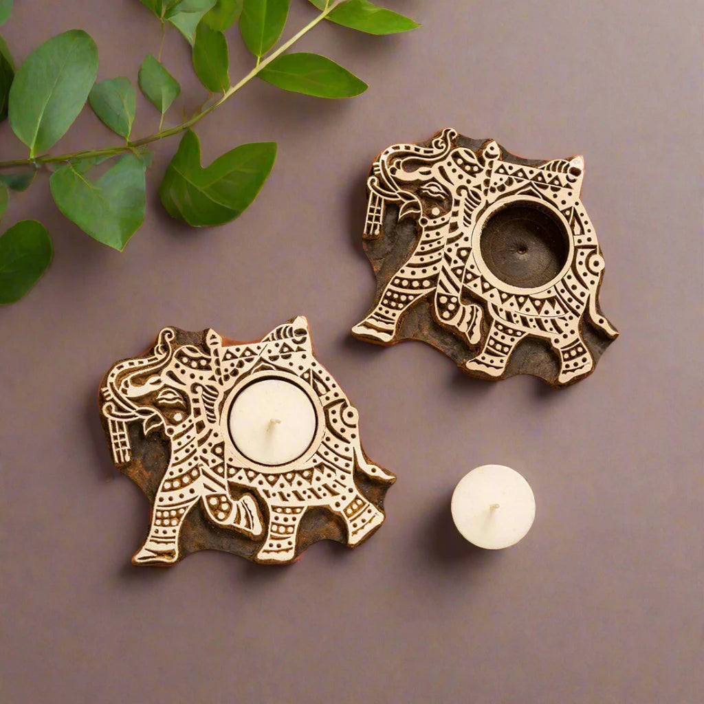 Dazzling Elephant Hand-Carved Blocks Tea-Light Holders In Sheesham Wood (Set of 2)