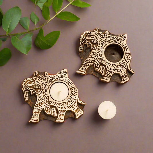Dazzling Elephant Hand-Carved Blocks Tea-Light Holders In Sheesham Wood (Set of 2)
