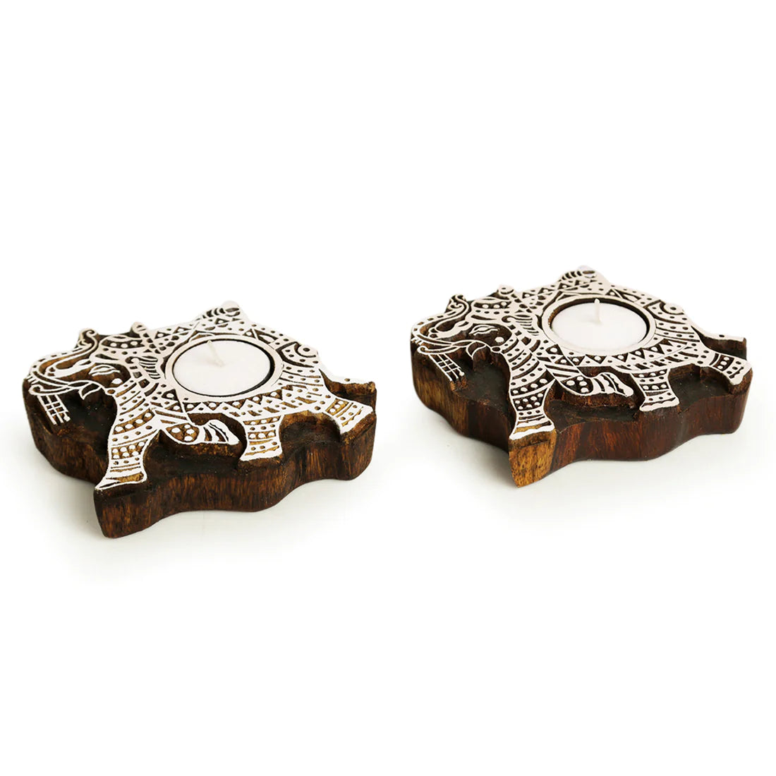 Dazzling Elephant Hand-Carved Blocks Tea-Light Holders In Sheesham Wood (Set of 2)