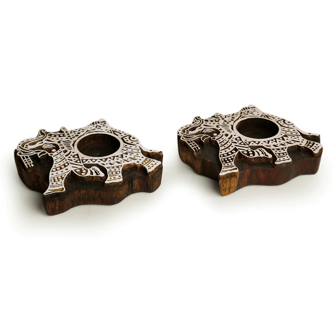 Dazzling Elephant Hand-Carved Blocks Tea-Light Holders In Sheesham Wood (Set of 2)