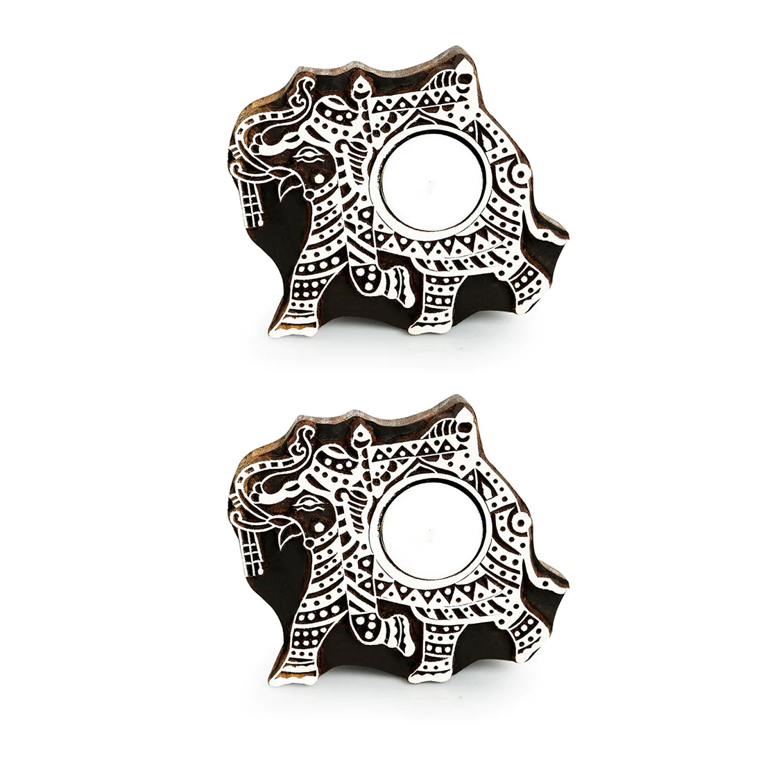 Dazzling Elephant Hand-Carved Blocks Tea-Light Holders In Sheesham Wood (Set of 2)