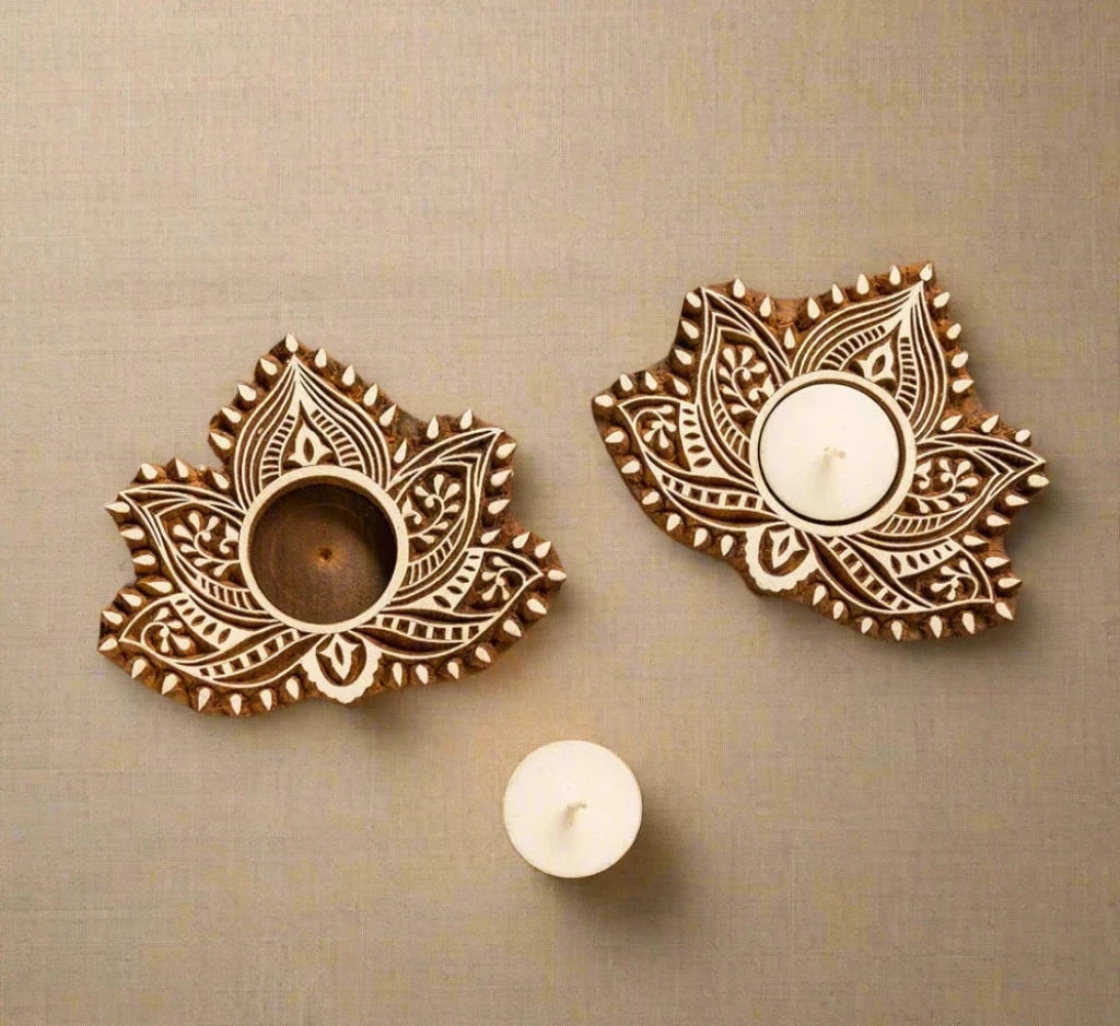 Luminous Lotus Hand-Carved Blocks Tea-Light Holders In Sheesham Wood (Set of 2)