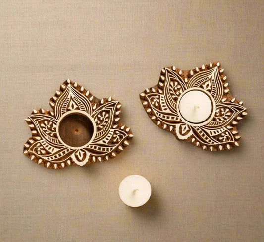Luminous Lotus Hand-Carved Blocks Tea-Light Holders In Sheesham Wood (Set of 2)