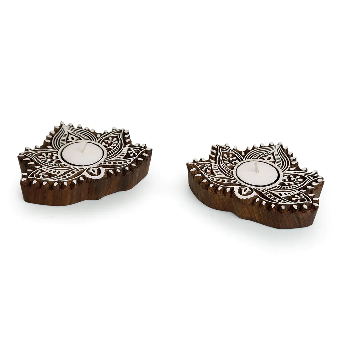 Luminous Lotus Hand-Carved Blocks Tea-Light Holders In Sheesham Wood (Set of 2)