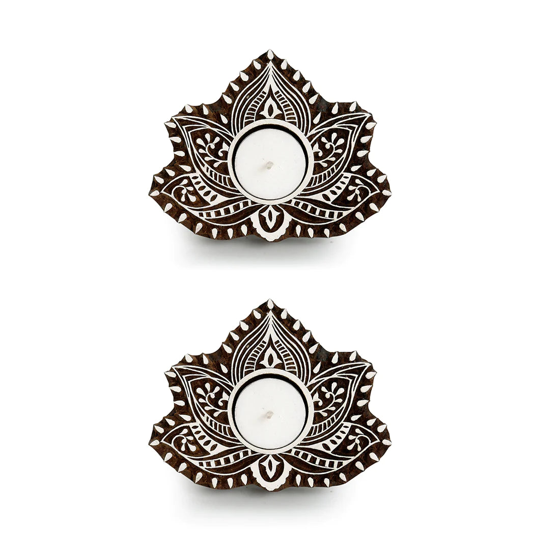 Luminous Lotus Hand-Carved Blocks Tea-Light Holders In Sheesham Wood (Set of 2)