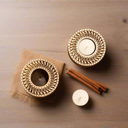 Sparkling Mandala Hand-Carved Blocks Tea-Light Holders In Sheesham Wood (Set of 2)