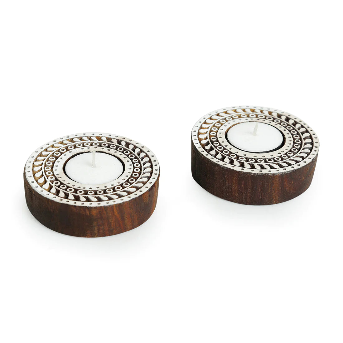 Sparkling Mandala Hand-Carved Blocks Tea-Light Holders In Sheesham Wood (Set of 2)