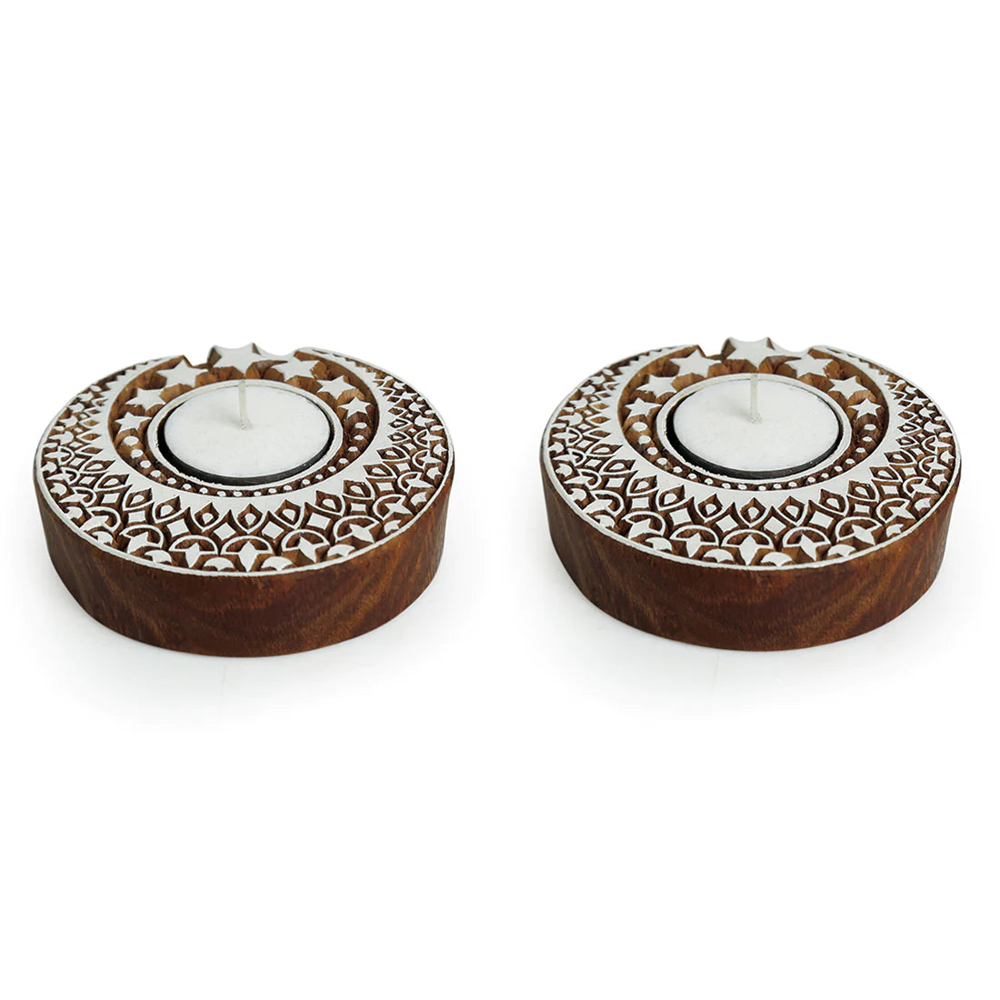 Shimmering Moon Hand-Carved Blocks Tea-Light Holders In Sheesham Wood (Set of 2)