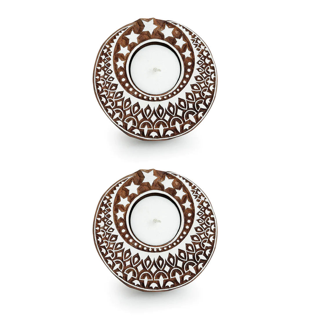 Shimmering Moon Hand-Carved Blocks Tea-Light Holders In Sheesham Wood (Set of 2)