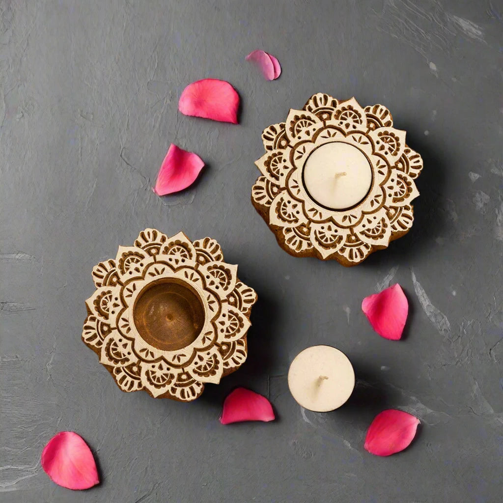 Ashtadhala Padmam Hand-Carved Block Tea-Light Holders In Sheesham Wood (Set of 2)
