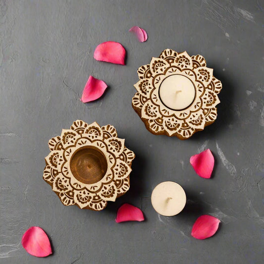 Ashtadhala Padmam Hand-Carved Block Tea-Light Holders In Sheesham Wood (Set of 2)