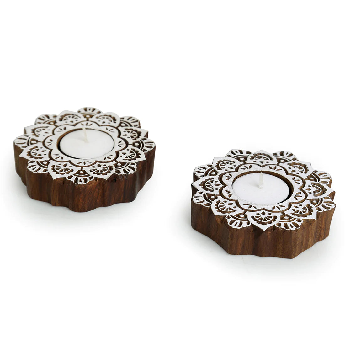 Ashtadhala Padmam Hand-Carved Block Tea-Light Holders In Sheesham Wood (Set of 2)
