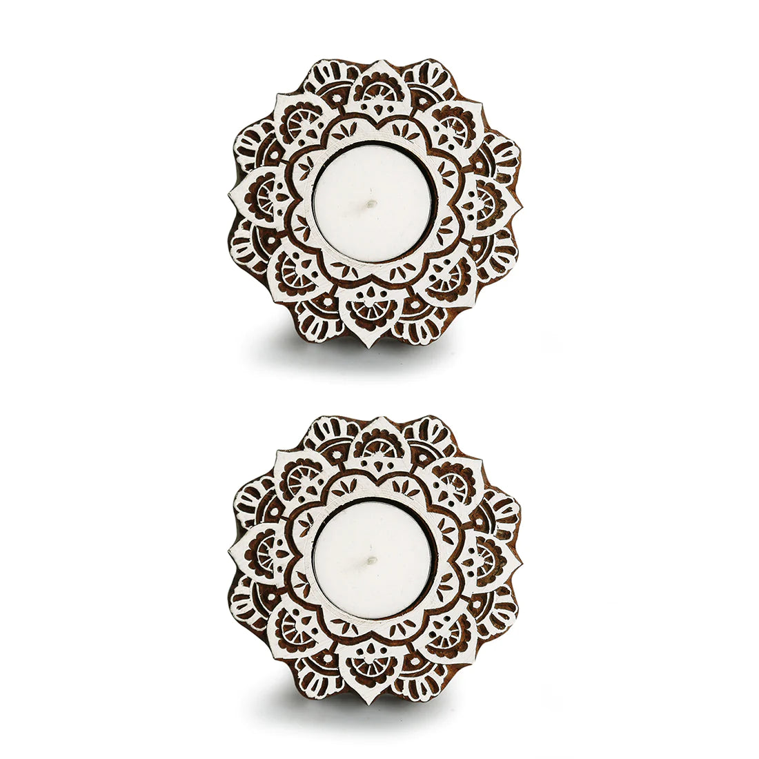 Ashtadhala Padmam Hand-Carved Block Tea-Light Holders In Sheesham Wood (Set of 2)