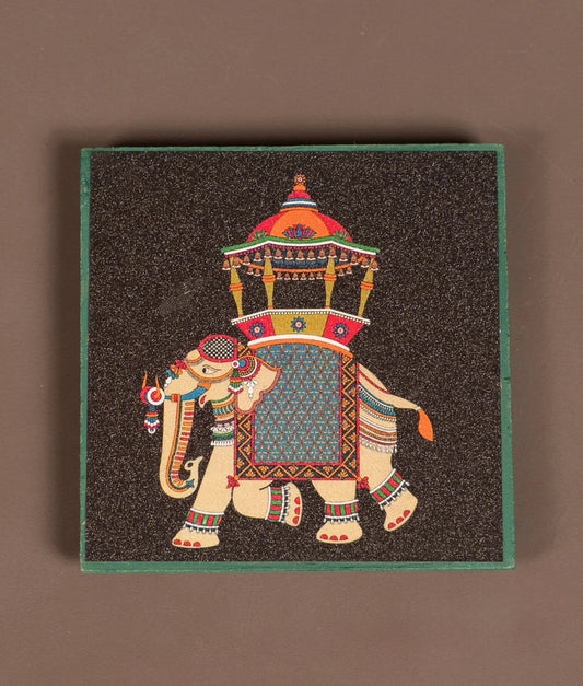 Syama Black Elephant Printed Wooden Manai/Riser
