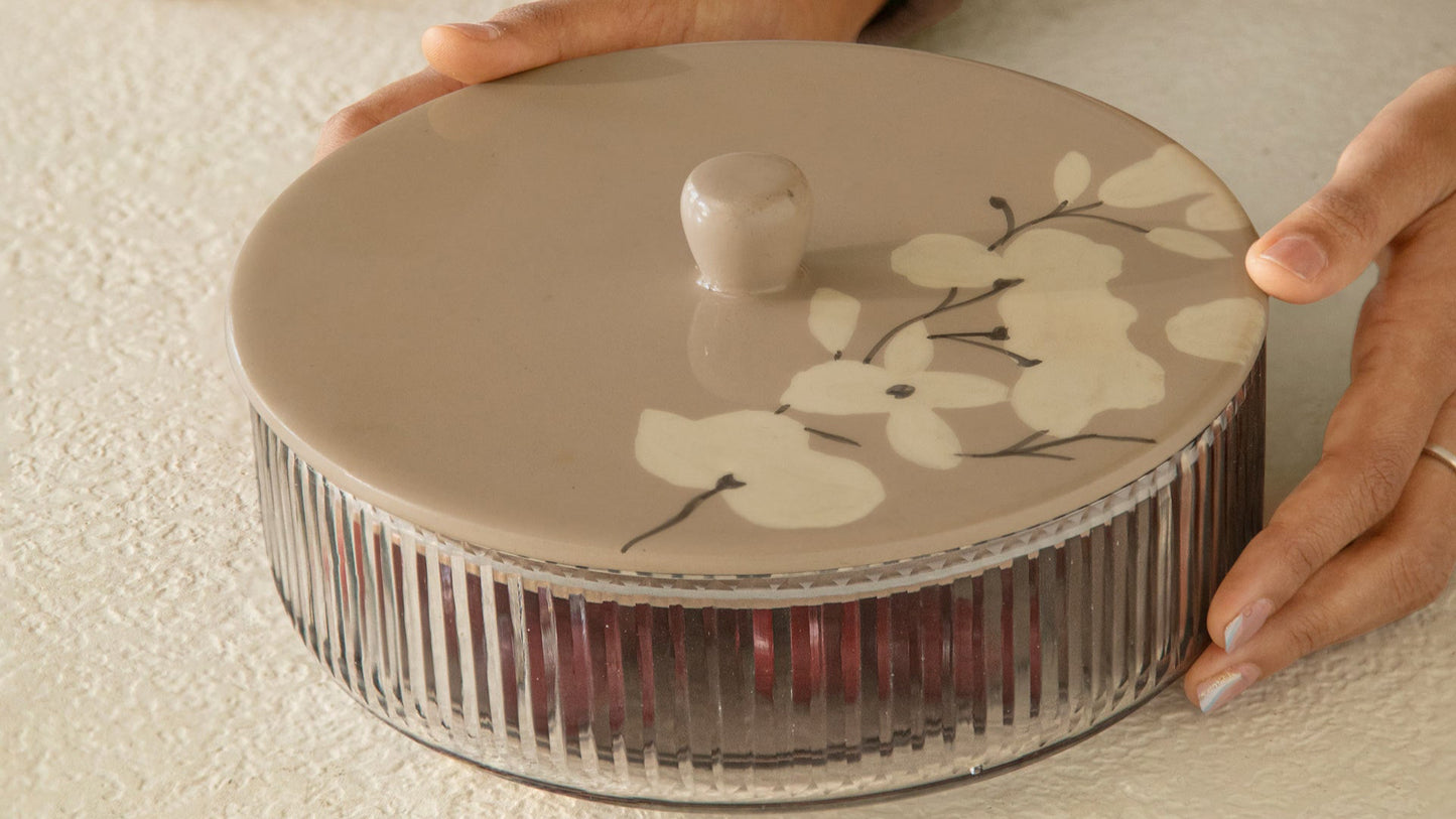 Iris Glass Roti Box/Casserole With Wooden Lid