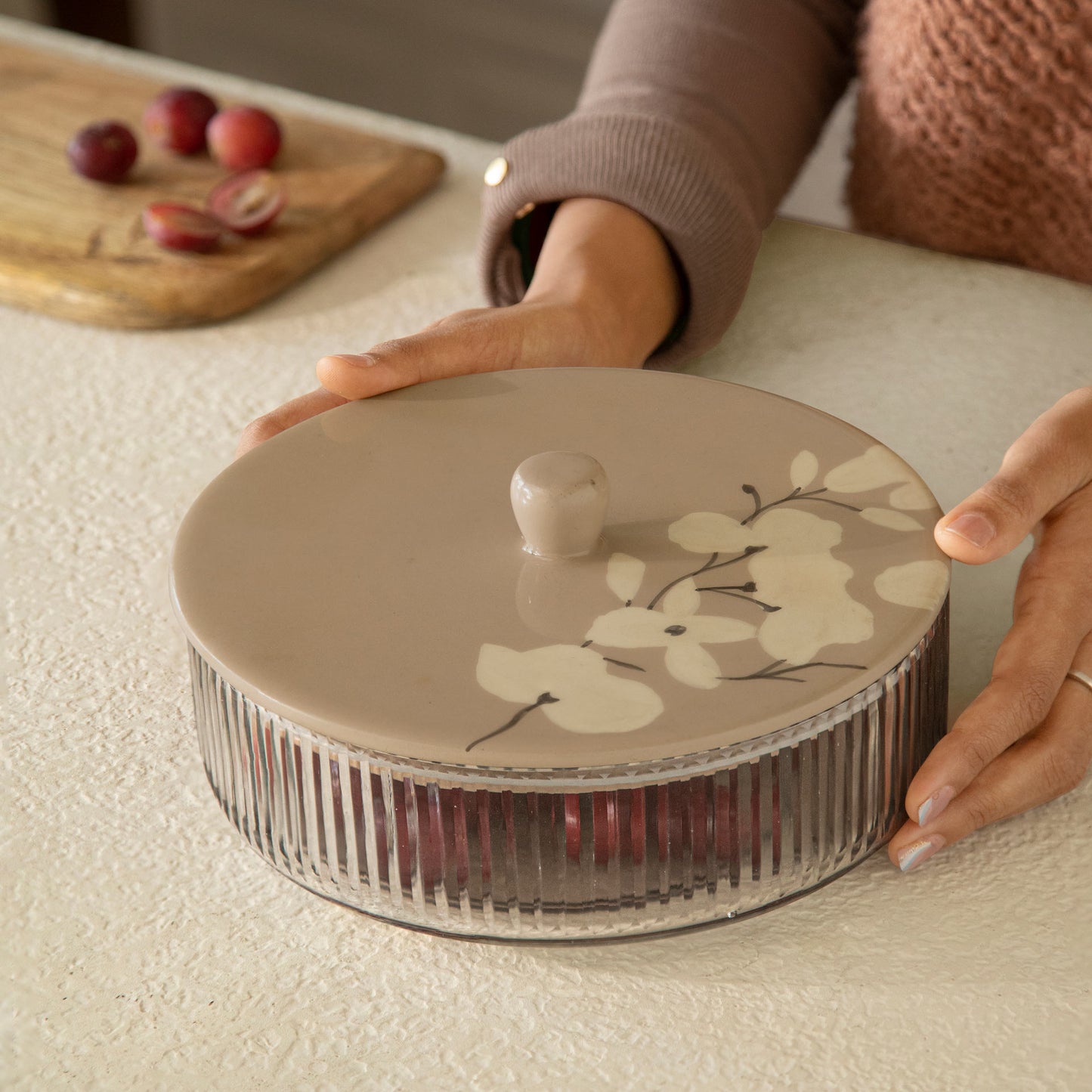 Iris Glass Roti Box/Casserole With Wooden Lid